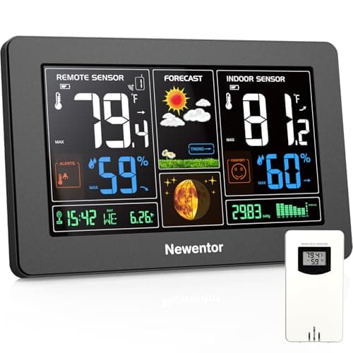 Newentor Weather Station Wireless Indoor Outdoor Thermometer, Color Display Digital Weather Thermometer with Atomic Clock, Barometric Pressure, Forecast Station with Adjustable Backlight, Black - Image 1