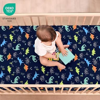 PHF 3 Pack Soft Dinosaur Crib Sheets Fitted, Comfy Breathable Baby Sheets for Boys Girls, 28x52 Inches Fits Standard Crib and Toddler Mattresses, Navy Dinosaur - Image 2