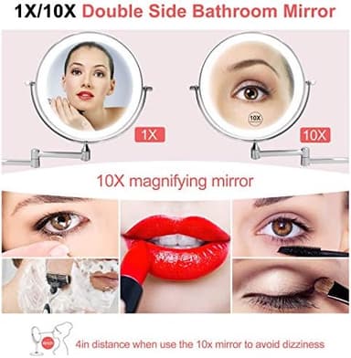 Rechargeable Wall Mounted Lighted Makeup Vanity Mirror 8 Inch Double Sided 1X 10X Magnifying Bathroom Mirror, 3 Color Lighting, Touch Screen Dimming, Extended Arm 360 Rotation Shaving Light up Mirror - Image 7