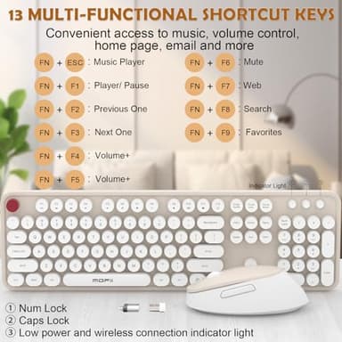 Cream Wireless Keyboard Mouse, COOFUN 104 Keys Full Size White Keyboard Ergonomic Cordless Keyboards Cute Colorful Retro Typewriter Key Board for Windows, PC, Laptop, Desktop (Creamy) - Image 8