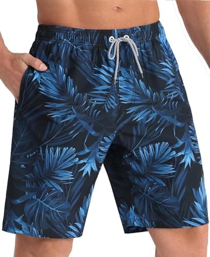 APTRO Men's Swim Trunks 9" Quick Dry Bathing Suit Big & Tall Beach Swimsuits T16 Palm-Blue L - Image 1
