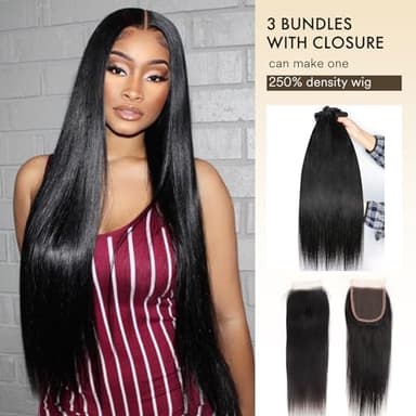 Human Hair Bundles with Closure Straight(22 24 26+20,Free Part) Closure with 3 Bundles Brazilian Virgin Hair 16A Extensions with Pre Plucked with Baby Hair 4X4 HD Lace Closure Natural Black Color - Image 3
