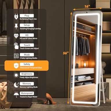 Hasipu Full Length Mirror with Lights, 56" x 16" LED Floor Mirror, Full Body Dressing Standing, Hanging Mounted Mirror for Living Room Bedroom Cloakroom, Round White - Image 9