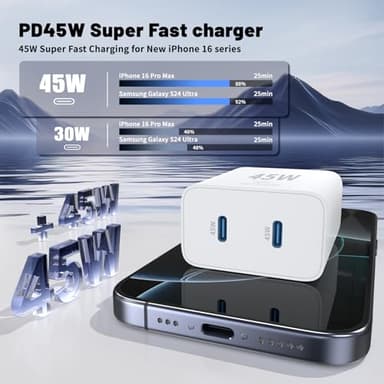 QZIIW iPhone 17 16 15 Pro Max Charger Fast Charging,45W Dual Port USB C Fast Charger Block [2-Pack] & Extra Long 60W 3/6/10/10FT USB C Cable - PD Quick Adapter 3.0 for iPhone 16 15 17/16 15 17 Pro. - Image 3