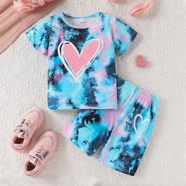 GOLLUNER Tween Girl Clothes Tie Dye Heart Print Short Sleeve Top and Shorts Girl Summer Outfits Short Set(8-9T) - Image 2