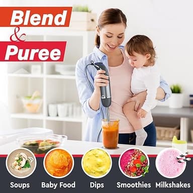 Mueller Multistick 5-in-1 Immersion Blender Handheld,12 Speed Hand Mixer-Turbo Boost,Heaviest Duty Copper Motor,Titanium reinforced Blades Hand Blender,Milk Frother Wand,Whisk,Beaker,Chopper,Grey - Image 6