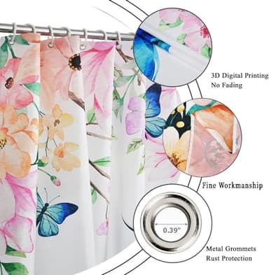 Caheansi Hummingbird Floral Shower Curtain, Spring Watercolor Flowers Blossom with Leaves Butterflies Plants Bathroom Curtain Waterproof Fabric Machine Washable with Hooks, 72" Wx72 L - Image 5