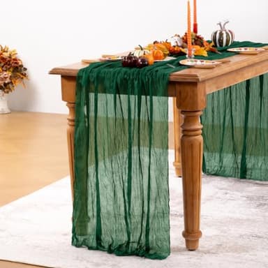DeZerlor Emerald Green Cheesecloth Table Runner Fall Table Runner Boho Gauze 120 Inches Green Cheese Cloth Fall Table Decorations for Thanksgiving Wedding Bridal Baby Shower Tea Party - Image 3