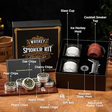 Whiskey Smoker Kit with Torch - 6 Flavors Wood Chips, 2 Glasses, 2 Ice Ball Molds - Cocktail Smoker Infuser Kit, Old Fashioned Drink Smoker Kit, Birthday Bourbon Whiskey Gifts for Men,Dad(NO Butane) - Image 9