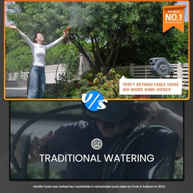 Giraffe Tools Retractable Garden Hose Reel 1/2 Inch x 155 with 5 ft Leader Hose, Heavy Duty, Any Length Lock, Slow Return System, Wall Mounted and 180 Deg Swivel Bracket - Image 2