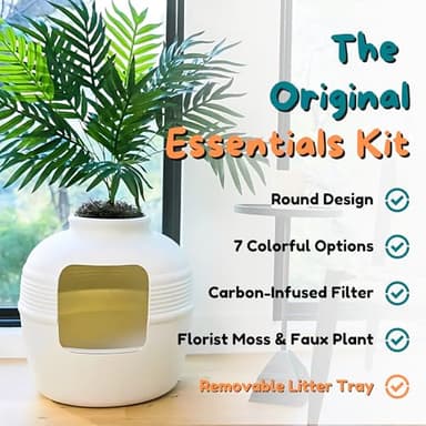 Good Pet Stuff Hidden Cat Litter Box Enclosure with Artificial Plant, Decorative Round Planter, Removable Tray, Charcoal Filter Odor Control, Easy-to-Clean, Made in USA, Essentials Kit, White - Image 4
