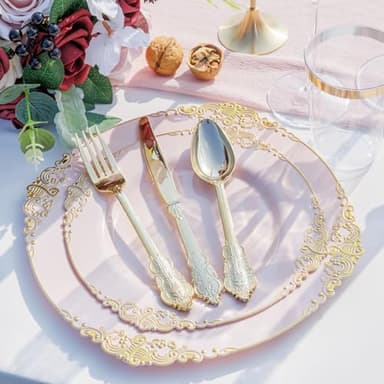 Nervure 175PCS Pink Plastic Plates - Disposable Pink Gold Party Plates & Pre Rolled Napkins with Cutlery for 25 Guests, 50Plates, 75Silverware, 25Cups, 25Napkin for Wedding & Party - Image 9
