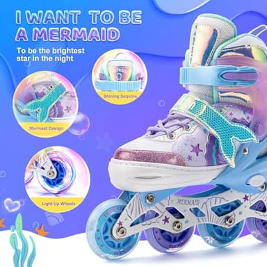 NEMONE Mermaid Inline Skates, 4 Sizes Adjustable Skates for Girls Kids with Light up Wheels, Indoor Beginner Outdoor for Kids Ages 4-6 5-8 6-12 8-12 - Image 3