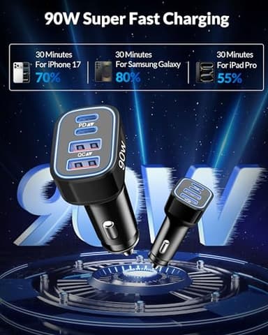 USB C Car Charger, 4-Port 90W Super Fast Car Phone Charger Accessories Dual 45W USB-C & USB-A Cargador Carro Adapter Cigarette Lighter for iPhone 17 16 15 14 13 12 11, Galaxy S25 S24, Tablet, Android - Image 3