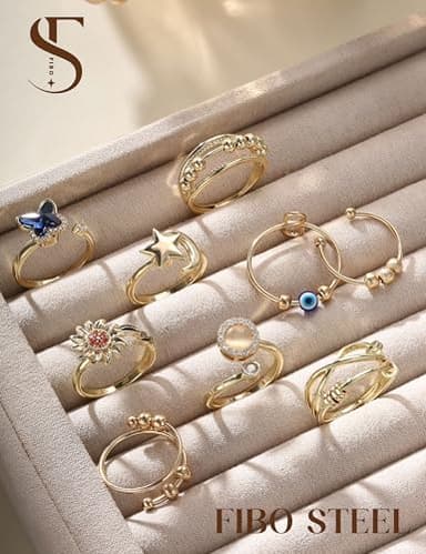 FIBO STEEL 9 Pcs Fidget Anxiety Rings for Women Men Spinner Rings for Anxiety Relieving Stress Open CZ Flower Moon Star Anti Rotatable Rings Adjustable - Image 7