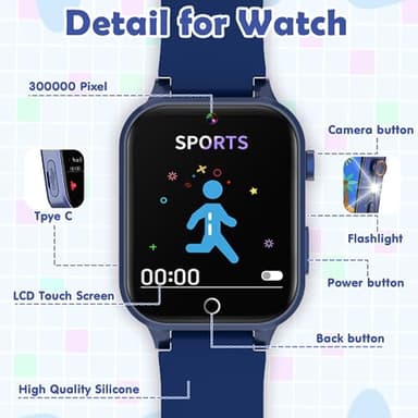 Luyiilo Smart Watch for Kids, with 26 Puzzle Games, Touch Screen, HD Camera, Alarm Clock, Toys for Ages 4-12 Years Old.Birthday Gift for Boys Girls (Blue) - Image 5