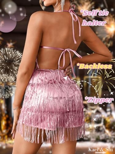 Kaei&Shi Sequin Fringe Romper,Sparkly Glitter Metallic Jumpsuits For Women,Backless Shorts Dress Disco Birthday Dance Outfit,Rose Gold,Small - Image 3