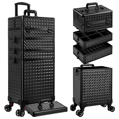 AROUS 5 in 1 Rolling Makeup Train Case Cosmetology Case on Wheels Large Cosmetic Organizer Travel Cart for Hairstylist Artist Nail Beauty Salon Barber,Black - Image 1