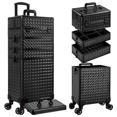 AROUS 5 in 1 Rolling Makeup Train Case Cosmetology Case on Wheels Large Cosmetic Organizer Travel Cart for Hairstylist Artist Nail Beauty Salon Barber,Black - Image 1