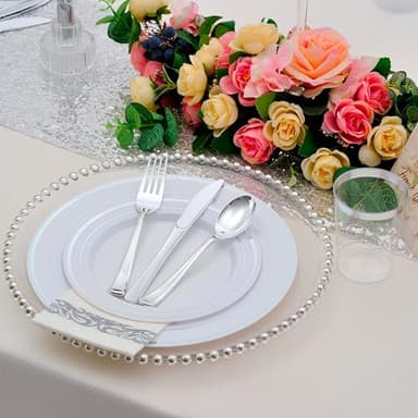 ISFANGCO 700 PCS Silver Plastic Dinnerware for 100 Guests, Silver Disposable Plate for Party Wedding with 100 Dinner Plates, 100 Dessert Plates, 100 Silverware Set, 100 Cups, 100 Napkins - Image 4