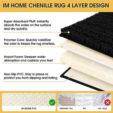 ACCUMTEK Upgrade Extra Large Black Bathroom Rug Set 3 Pieces Ultra Soft, Thick Absorbent Bath Mats, Non Slip Chenille Toilet Mat for Bathroom, Bedroom, Kitchen - Image 5