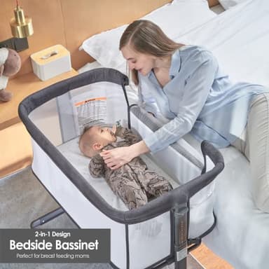 QUTANIX Baby Bassinet Bedside Sleeper with Wheels,Easy Folding Lightweight Crib for Baby/Infants,Breathable Mesh and Adjustable Height - Grey - Image 4