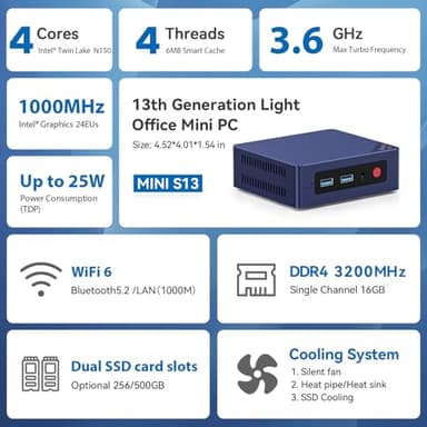 Beelink Mini S13 Mini PC,13th Intel Twin Lake-N150 (up to 3.6GHz, Upgraded N100), 16GB DDR4 500GB M.2 SSD, Mini Desktop Computer Support 4K Dual Display/USB 3.2/WiFi 6/BT 5.2 for HTPC/Office/Business - Image 3
