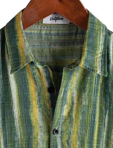 VATPAVE Mens Casual Short Sleeve Button Down Shirts Regular Fit Hawaiian Summer Shirt Medium Green Yellow - Image 3