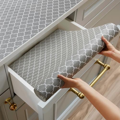 Shinlendid Shelf and Drawer Liner for Kitchen Cabinets Non-Adhesive, Strong Grip Non-Slip Thickened Cabinet Liners for Shelves, Waterproof Mats for Dresser Cupboard, Gray, 12 in x 10 Feet - Image 1