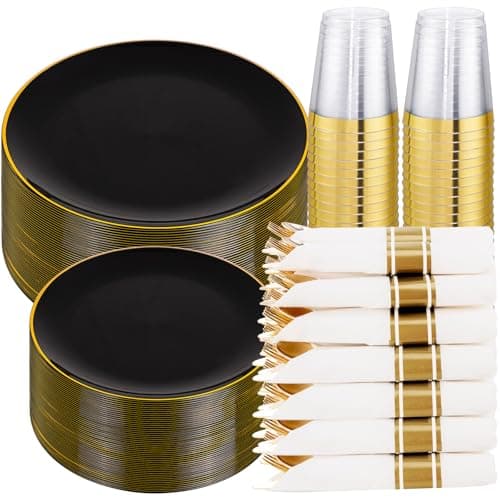KIRE 350 PCS Plastic Dinnerware Set for 50 Guests - Black and Gold Plates 50 for Dinner 50 for Dessert & 50 Pre Rolled Napkins with Disposable Silverware 50 Cups for Halloween Party/Banquet/Wedding - Image 1