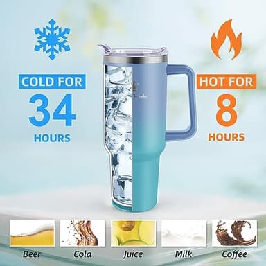 40 oz Tumbler with Handle and Straw Lid, 100% Leak-proof Travel Coffee Mug, Stainless Steel Insulated Cup for Hot and Cold Beverages, Keeps Cold for 34Hrs or Hot for 10Hrs, Dishwasher Safe (LakeBlue) - Image 2