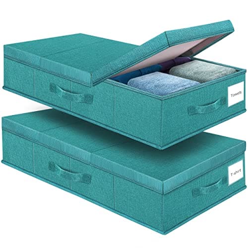 Supowin Underbed Storage Containers Bin with Lids (2pcs) Large Under Bed Storage Organizer Box with Handle, Foldable Under the Storage Bags for Organizing Clothes, Shoes, Blankets, Pillows-Cyan blue - Image 1