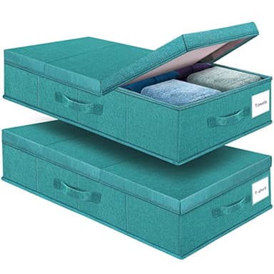 Supowin Underbed Storage Containers Bin with Lids (2pcs) Large Under Bed Storage Organizer Box with Handle, Foldable Under the Storage Bags for Organizing Clothes, Shoes, Blankets, Pillows-Cyan blue - Image 1