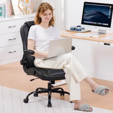 GTRACING Office Computer Gaming Chair Ergonomic Desk Chair for Adults with Lumbar Support Flip-Up Arms Adjustable Height Swivel Wheels PU Leather Executive Design for Short People Use, Black - Image 2