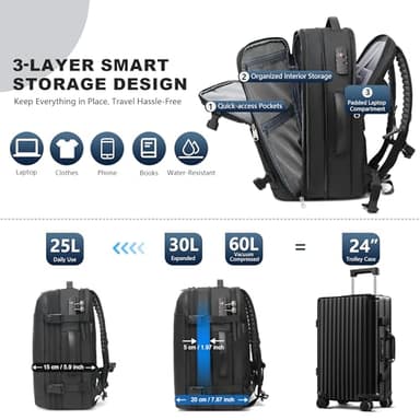 Vacuum Backpack Travel – Expandable Compression Carry On Backpack with Vacuum Pump, Water-Resistant TSA Lock Travel Bag, 17" Laptop Backpack for Men Women, Business Airplane Flight Luggage, Black - Image 5