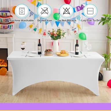 Heochy 2 Pack 6FT Table Cloth for Rectangle Tables - White Tablecloth Rectangular Fitted Stretch Spandex Table Covers 6 ft for Birthday, Cocktail, Wedding, Banquet Spring Outdoor Party - Image 2