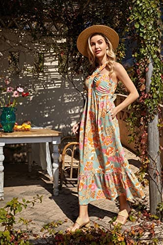 2024 Women Sleeveless Criss Cross Halterneck Floral Print Beach Maxi Dress for Summer Greygreen M - Image 6