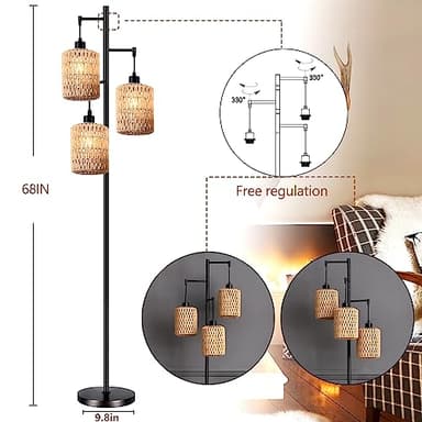 QIYIZM Floor Lamp for Living Room,Bedroom,3-Lights Boho Rattan Tree Floor Lights,Industrial Black Farmhouse Standing Lamp Wicker Rustic Tall Lamp,Woven Bamboo LampShade Floor Lamps Bohemian - Image 4