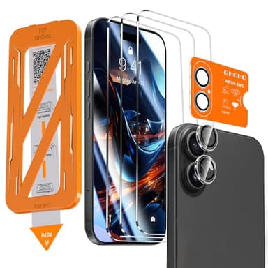 QHOHQ [1-Second Auto-Install] 3 Pack Screen Protector for iPhone 17 + 1 Set Camera Lens Protector, 9H+ Shatterproof Tempered Glass, [12FT Military Grade Protection], Anti-Fingerprint, Case Friendly - Image 1