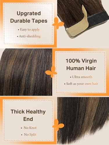 DOORES Tape in Human Hair Extensions, Balayage Dark Brown to Chestnut Brown100g 40pcs 22 Inch, Hair Extensions Tape in Straight Skin Weft Remy Hair Extensions - Image 3