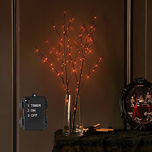 LITBLOOM Halloween Tree Branch Lights 32IN 100 Orange LED with Timer, Lighted Black Twig Branches with Fairy Lights for Halloween Decoration Indoor Outdoor - Image 1