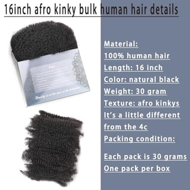 YuDragonFt Afro Kinkys Bulk Human Hair 16-Inch 30g/bundle Natural Black Mini Twist Human Hair for Microloc Loc Repair Twist Braids - Bleachable and Dyable (1 B 16 Inch) - Image 2