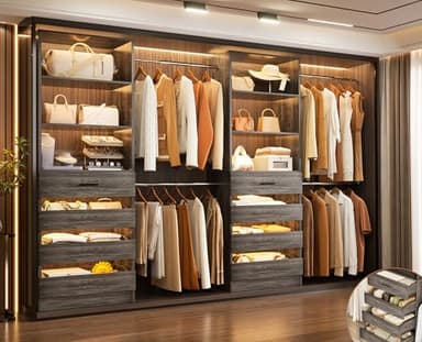 Aheaplus Closet System, 6-15Ft Closet Organizer with 8 Wooden Drawers, Wood Closet Organizer System with Tower, Walk-in Closet Organizer Wardrobe Garment Clothes Rack with 4 Hanging Rods, Black Oak - Image 1