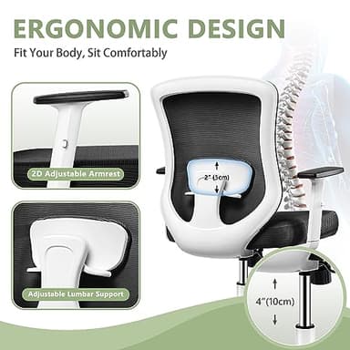 Winrise Office Chair, Ergonomic Home Office Desk Chairs, Breathable Mesh Mid-Back Comfortable Work Chair Adjustable 2D Armrests, Rocking Executive Chair, Swivel Task Chair with Lumbar Support (White) - Image 4