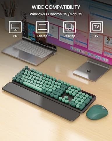 Wireless Keyboard and Mouse Combo - Cute Typewriter Keyboard with Detachable Wrist Rest, Retro Round Keycaps, Foldable Legs, 2.4GHz Keyboards for PC Laptop, Mac, Windows - Trueque (Black and Green) - Image 8