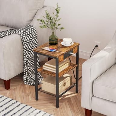 HOOBRO Side Table with Charging Station and USB Port, Small End Table for Small Space, 3-Tier Nightstand with Adjustable Shelf, for Living Room, Bedroom and Balcony, Rustic Brown BF112BZ01 - Image 6