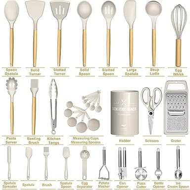 Umite Chef Silicone Kitchen Utensil Set, 34PCS Heat Resistant Kitchen Gadgets and Tools With Grater, Wood Handles for Nonstick Cookware - Image 2