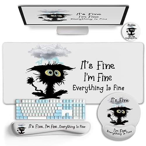 LIMKRIAN Desk Mat Set, Large Gaming Mouse Pad with Wrist Rest, Ergonomic Mouse Pad Keyboard Mat Wrist Support, Cup Coaster, Home Office Desk Accessories Decor Supplies, Funny Black Cat - Image 1