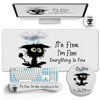 LIMKRIAN Desk Mat Set, Large Gaming Mouse Pad with Wrist Rest, Ergonomic Mouse Pad Keyboard Mat Wrist Support, Cup Coaster, Home Office Desk Accessories Decor Supplies, Funny Black Cat - Image 1