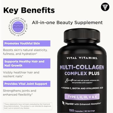 Vital Vitamins Multi Collagen Complex Plus - with Biotin, Hyaluronic Acid, Vitamin C - Type I, II, III, V, X - for Women & Men - Hair, Skin, Nails Beauty Complex - 150 Capsules - Image 4